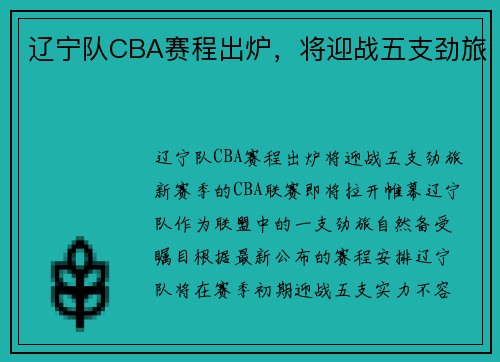 辽宁队CBA赛程出炉，将迎战五支劲旅